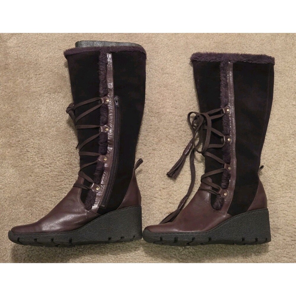 Nine West Herrik Vintage Y2K Wedge Boots Suede Leather Faux Fur Trim - Size 10M